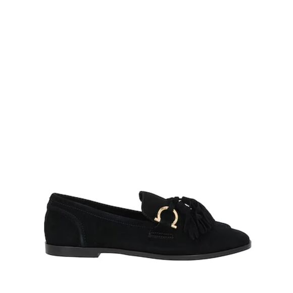 Jeffery Campbell Black Suede Tassel Loafers w Gold Horseshoe Buckle Slip-On‎ - Picture 1 of 4